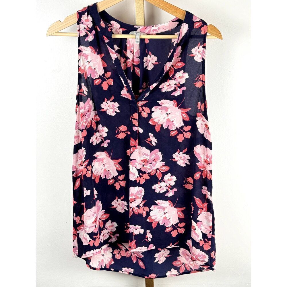 Gorgeous Joie Sleeveless 100% Silk Top Navy Blue w/ Pink Florals Sz S EUC